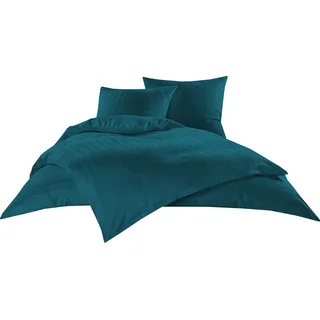 Bettwaesche-mit-Stil Mako Satin Damast Bettwäsche Garnitur Waves Petrol Blau (155 cm x 200 cm + 80x80 Kissen)