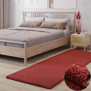 MY-RUG Shaggy Star kuscheliger Langflor Teppich, Rutschhemmende Unterseite, extra Langer Hochflor 37 mm, Pflegeleicht, Super Soft, Felloptik, weinrot, rot, Bordeaux, Läufer 250 x 80 cm