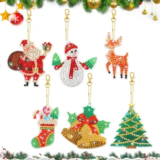 MWOOT 6 Stück 5D Weihnachten Diamond Art Painting Schlüsselanhänger, Doppelseitig Diamant Malerei Keychain Malen nach Zahlen, Rhinestone Painting Keyring Anhänger für Anfänger Christmas Geschenk