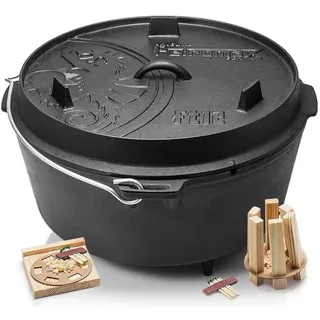 Petromax Schmortopf Feuertopf ft12 mit Deckel mit Füßen Dutch Oven, Gusseisen (Spar-Set, 3-tlg., für 14-20 Personen geeignet), Deckel mit Henkel als Pfanne nutzbar schwarz