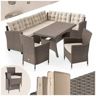 Casaria Gartenlounge-Set Lissabon, (17-tlg), Polyrattan WPC Esstisch Eckbank Gartenstühle 15cm Kissen 7cm Auflagen beige