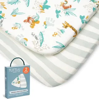 Tutti Bambini Spannbettlaken Beistellbett (2er-Pack) - Atmungsaktiver Bambus-Jersey - Spannbetttuch Weich & doppelt Elastisch Verstärkt - Baby Bettlaken für Matratzen 53×80 bis 60×90 cm (Run Wild)