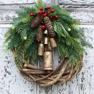 Bauernhaus Weihnachtskranz 40CM Künstliche Eukalyptus Kranz Winter Kranz Grün Blätter Türkranz Kranz mit Karierter Schleife Kunstpflanze Girlande Wandkranz für Veranda Bauernhaus Garten Easter Deko