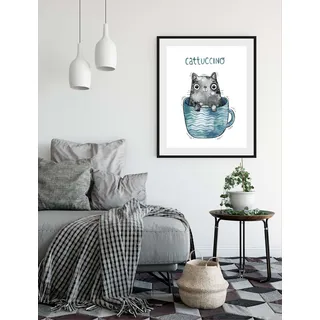 Bild QUEENCE "Cattucino" Bilder Gr. B/H: 50 cm x 70 cm, Wandbild Katze Hochformat, 1 St., blau (blau, grau) Kunstdrucke