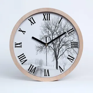 Tulup Holzuhr ⌀ 20cm Wanduhr Uhr Holz Dekoration Modern Runde Stille Uhren Schwarze Uhrzeiger - Baum im Winter