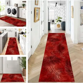 ZUZEKU Teppich Läufer Lang Rot Flur Küche rutschfest waschbar Teppichmatten Modern Design Küchenläufer 80X200cm Küchenteppich Meterware Esszimmer Schlafzimmer Wohnzimmer Schmutzfangmatte