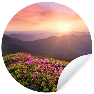 MuchoWow Wandsticker Blumen - Berg - Sonnenuntergang - Landschaft (1 St), Runde Aufkleber für Kinderzimmer, Selbstklebend, 120x120 cm bunt 120 cm x 120 cm x 0.1 cm