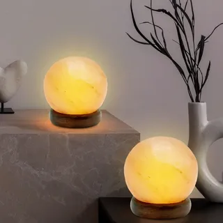Beistellleuchte Nachttischleuchte Tischlampe Salzkristall LED Kugel Holz 2er Set