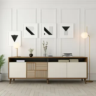 Kommode Benjamin, Sideboard Mit 2 Ablagen, 4 Türen, 6 Fächern, 180x35x79h Cm In Nussbaum Braun