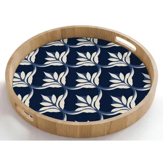OnlyWow Tablett Rund mit Henkel Modern - Design - Blau, Eichenholz, (1-tlg), Servierbrett Groß, Tischdeko, Platte, Tisch Deko blau 50 cm x 50 cm x 5 cm