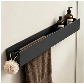 mai & mai Duschablage Ohne Bohren Mit Handtuchhalter, Duschregal Badezimmer Ablage In Schwarz 60cm Reglo-18