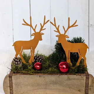 Storm's Gartenzaubereien Edelrost Hirsch 2er Set - 19cm Gartenstecker Rentier Deko, Wetterfeste Metall Weihnachtsdeko für Außen und Innen, Gartendeko Balkonkästen - Pflanztöpfe