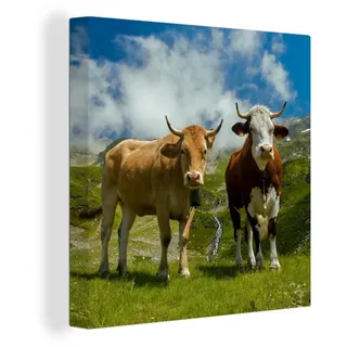 OneMillionCanvasses® Leinwandbild Kühe - Sonne - Landschaft, (1 St), Leinwand Bilder für Wohnzimmer Schlafzimmer bunt Quadratisch - 20 cm x 20 cm x 2 cm