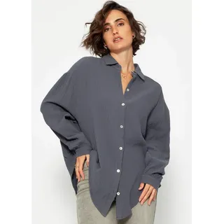 SASSYCLASSY Longbluse Oversize Musselin Bluse Damen kurz Langarm Elegant Hemdbluse lang aus Baumwolle mit V-Ausschnitt, One Size (Gr. 36-48) beige|grau