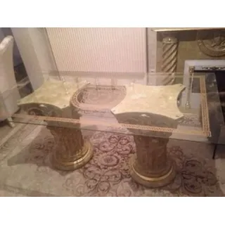 Marmor Esstisch Glastisch, Säulentisch, Designertisch Wohnzimmertisch Kanzleitisch, Praxistisch 100% Handgefertigt Antik Stil Retro Medusa Mäande... - Hellbraun