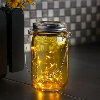 MARELIDA LED Solar Glas Windlicht mit Drahtlichterkette H: 14cm D: 8cm gelb