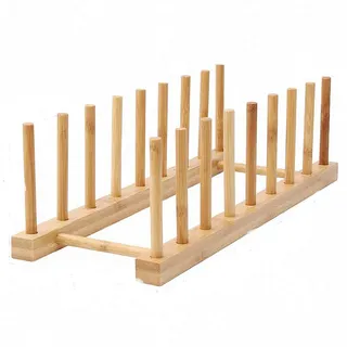 Ulalaza Bambus Holz Geschirr Regal Tellerhalter Tellerständer Geschirrständer Küchenablage Geschirrregal Natürlicher Holzschrank Organizer für Geschirr Teller Schüssel Tasse Topfdeckel