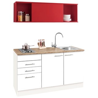 Küchenzeile OPTIFIT "Mini" Komplettküchen-Sets Gr. B/T: 150 cm x 60 cm, rot (küche: weiß, rot, wildeichefarben, korpus: arbeitsplatte: wildeichefarben) Küchenzeilen mit Elektrogeräte