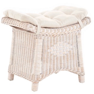 Krines Home Sitzhocker Fußhocker Stabiler Sitz-Hocker/Schemel aus echtem Rattan mit Kissen weiß 53 cm x 47 cm