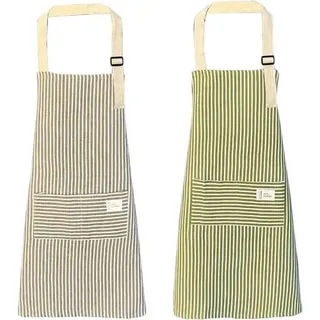 qipuneky 2er Set Küchenschürze Damen, Kochschürze mit Tasche, Schürze aus Baumwolle Leinen, zum Kochen, Backen, Malen, Hausarbeiten 72cm*68cm Grü