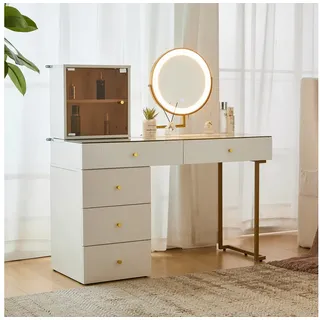 BBWL Schminktisch Moderner Schminktisch mit LED-beleuchtetem Spiegel, 3-Farben-Licht (Tageslicht, Warmlicht, Kaltlicht), flexible Anordnung von Tisch und Seitenschrank, transparente Tischplatte aus gehärtetem Glas, stabiler Korpus aus Spanplatte und Eisenrohren, Weiß, Maße 120×45×115 cm, inklusive Kippsicherung, einfache Montage, ideal für stilvolle Make-up- und Beauty-Bereiche) weiß