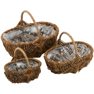 Kartoffelkorb Set – Naturweide oder Rattan Körbe mit Folie & Henkel - Ernte-,Pflanz - & Dekokörbe - Handgeflochten für Indoor & Outdoor (3er Set - Korbweide: Natur, B: 19cm/25cm/32cm)