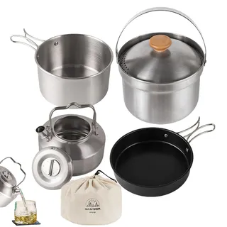 Camping Kochtopf-Set 4-teilig Wandern Kochgeschirr Edelstahl Kochgeschirr für Camping, Wandern, Bratpfanne und Töpfe