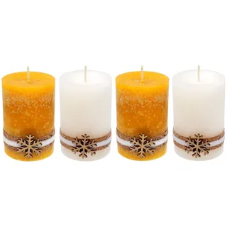4 Adventskerzen Stumpenkerzen Gelb Weiß Schneeflocke Holz Weihnachten Deko