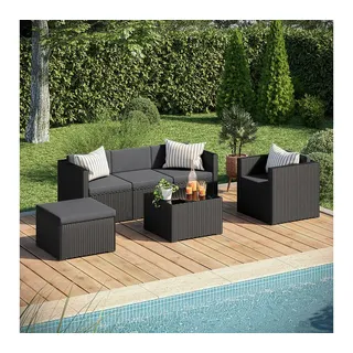 STEELSØN Sitzgruppe Zethora Gartenlounge Set aus Polyrattan, (schwarz/anthrazit, für 5 Personen), Outdoor Sitzgarnitur mit 3er Sofa, Sessel, Hocker & Tisch schwarz