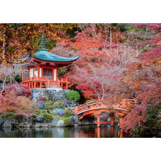 BELECO 2.1x1.5m Stoff-Hintergrund mit japanischem Motiv,Japan,Daigo-ji-Tempel,Kyoto,Stadtansicht,Herbst,rote Ahornbäume,Landschaft,Flussbrücke,Garten,Naturhintergrund,japanische Party-Dekoration