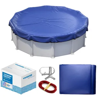 Yankee Poolabdeckung rund für 366–400 cm Pools | Ø 460 cm Planenmaß | 200g/m2 PE, zweifach beschichtet | reißfest und UV-beständig | blau | für Sommer und Winter