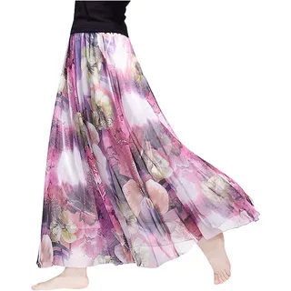 Camilife Damen-Strandrock aus Chiffon mit Blumenmuster, Maxirock, langer Rock, bedruckter Chiffonrock, weich, glatt, dünn, cool für den Sommer, Rocklänge 80 cm / 90 cm, mehrfarbig, groß - 34-40
