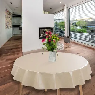 laro Wachstuch-Tischdecke Abwaschbar Garten-Tischdecke Wachstischdecke PVC Plastik-Tischdecken Eckig Meterware Wasserabweisend Abwischbar GAC, Muster:Geprägt Blumen Beige Creme, Größe:140cm Rund