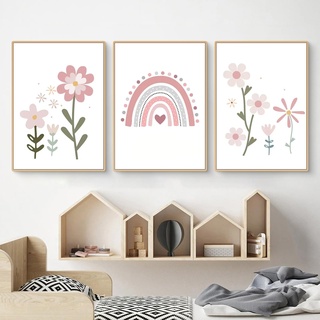 Uixxducc 3er Set Bilder Kinderzimmer Mädchen Poster Kinderzimmer Deko, Regenbogen, Blumen, Liebe und Schloss Wandbilder Babyzimmer Deko, OHNE Rahmen (A,30x40cm)