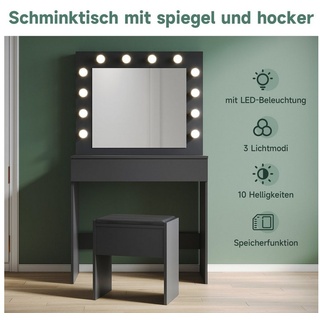 SONNI Schminktisch Schminktisch Weiss/Schwarz mit LED-Beleuchtung, 80x40x140cm, mit Spiegel, Hocker, Schublade,Kosmetiktisch,3 Lichtmodi schwarz