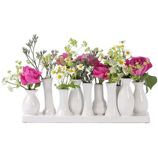H&D Manufaktur Jinfa Handgefertigte kleine Keramik Deko Blumenvasen Set aus 10 Vasen in weiß
