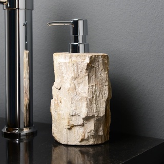 Naturstein Seifenspender mit Dosierpumpe aus Stein fossiles Holz 20 cm
