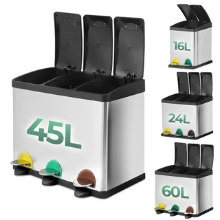 Jago® Mülleimer – 16/24/45/60 L - 2 oder 3 fächer, Edelstahl, mit Inneneimer, Handgriff, Deckel, für Küche-Abfalleimer, Mülltrenner, Mültrennsystem, Abfallsammler, Treteimer (45 Liter (3 x 15L))