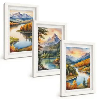 BILDER SET 3er Set - 20x30 cm Weißer Rahmen - Berglandschaften mit einem Fluss