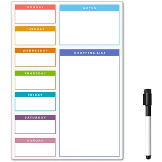 The Magnet Shop Whiteboard-Planer Kühlschrankmagnet Magnetischer Wochenplaner, trocken abwischbare Memotafel, Tageskalender und Einkaufsliste für Notizen, Meal Prep 42 x 30 cm (Bunt, A3)