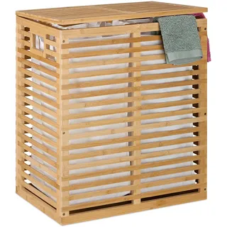 Relaxdays Wäschekorb mit Deckel, 2 herausnehmbare Säcke, je 44 l, HBT: 61x53x35 cm, Wäschesammler Bambus, Natur/beige