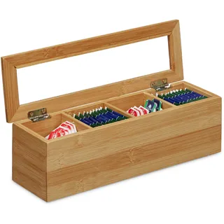Relaxdays Teebox Bambus 4 Fächer Hellbraun