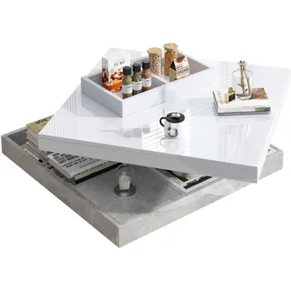 360° drehbarer Hochglanz Couchtisch mit Stauraum, doppelschichtiger Tischplatte, elegantes Design und Marmorboden, weiß