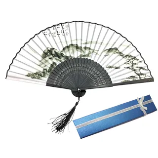 Libetui Handfächer Vintage Japan Stil – Fächer mit Bergmotiv | Klappfächer aus Bambus & Stoff, Weiß-Schwarz, für Sommer, Hochzeit, Kostüm, Wanddeko, mit Geschenkbox
