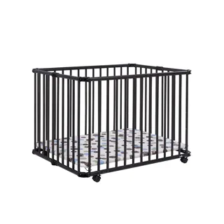 Geuther Laufstall Lucilee | Baby Laufgitter 76x97 cm aus Buchenholz – 3-fach höhenverstellbar ohne Werkzeug | TÜV Rheinland geprüft | klappbar & mobil auf Rollen | Made in Germany | Playpen Schwarz