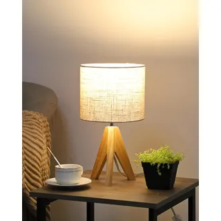 EDISHINE Nachttischlampe Tischlampe Holz, E27 Fassung, Stativ Vintage Landhaus,