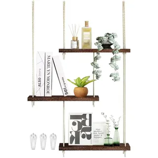 Wondramble Hängeregal Holz Wandregal,Regal Ohne Bohren,Für Boho Wanddeko Wohnzimmer,Schweberegal,Pflanzenregal,Oder Hängeregal Bad (dunkel gefärbt)