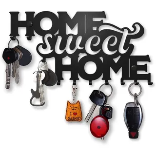 SirHoldeer Schlüsselbrett Modern, Home Sweet Home Schlüsselhaken, Schlüsselhalter Wand, Schlüsselaufhänger mit 10 Haken, Schlüsselboard Schwarz, Key Holder Wall, Wanddeko Flur, Metall Deko