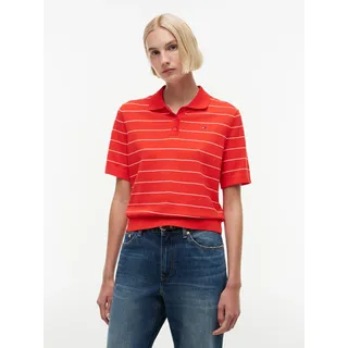 Polokragenpullover TOMMY HILFIGER "JERSEY STITCH MINI POLO", Damen, Gr. XS (34), fire rot, ivory petal stp, Strick, Obermaterial: 67% Baumwolle, 33% Polyamid, gestreift, normal, Rundhals, Pullover, Baumwollmischung, Polokragen, Kurzarm