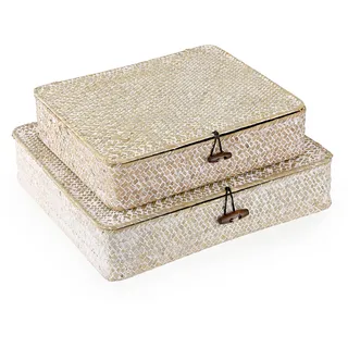 SUMNACON 2PCS Rattankorb aus Natürliche Seegras mit Deckel Handarbeiten Aufbewahrungskiste Aufbewahrungskörbe Ordnung Korb für Küche Badezimmer Schlafzimmer Gross+Klein(Rechteckig,Weiss)